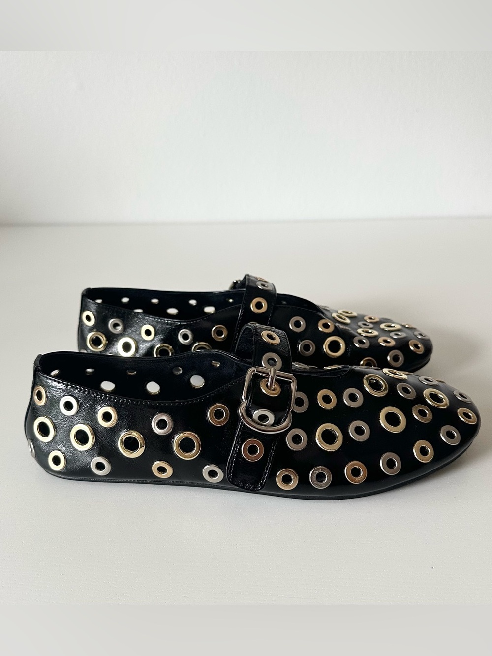Jeffrey Campbell Black Leather Grommet Eyelet Mary Jane Flats Size 8
